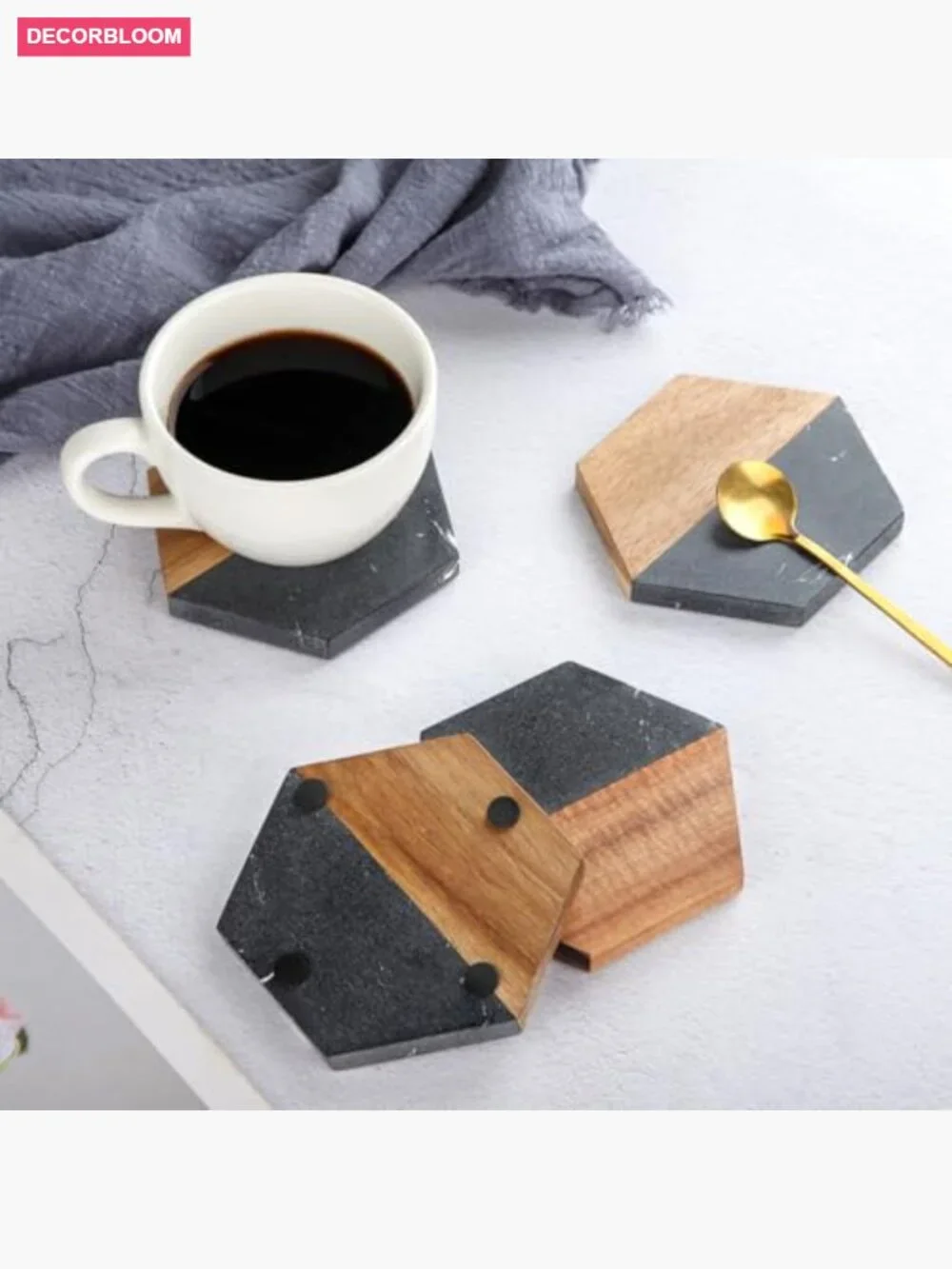 Set of 4 Hexagon Acacia Wood and Marble Coasters for Drinks, Modern Rustic Bar